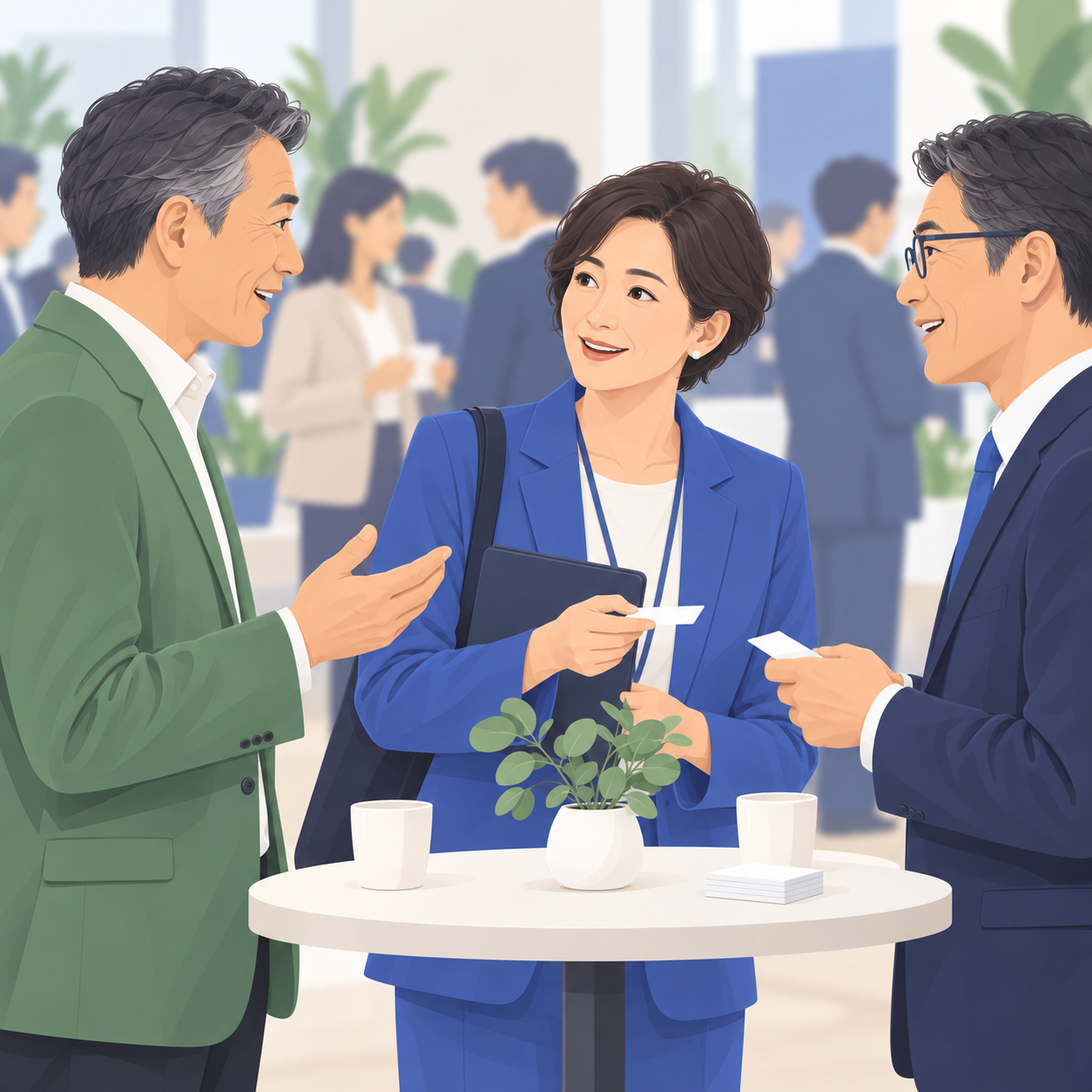 40代の女性コネクターが交流会で経営者の話を聞くイラスト