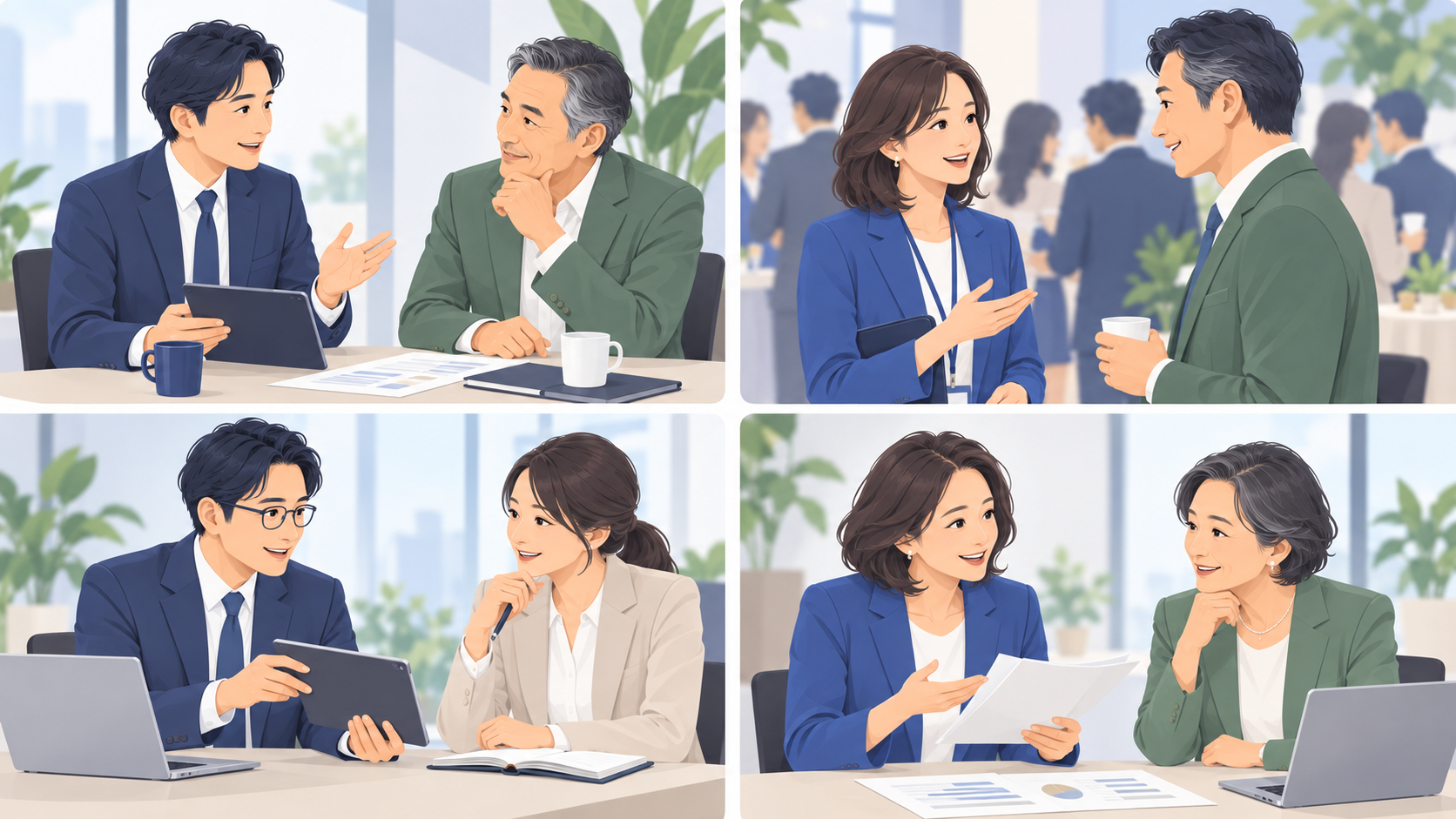 事前相談、交流会での対話、次の予定の調整、報告を示すイラスト