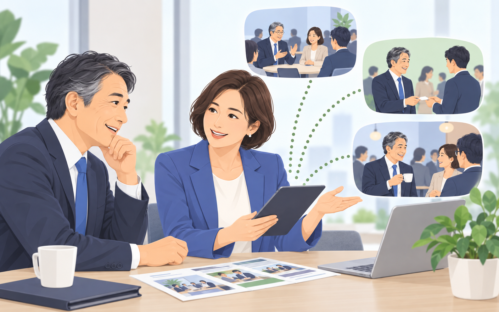 経営者が相談員と交流会の候補を比較するイラスト