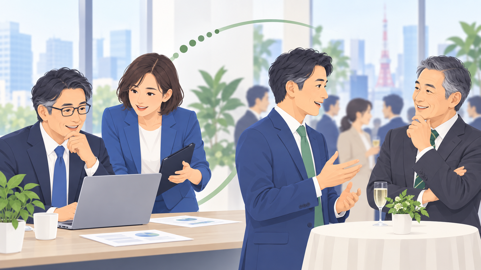 地方のIT企業の経営者と、東京の交流会に代理参加する男性コネクターのイラスト
