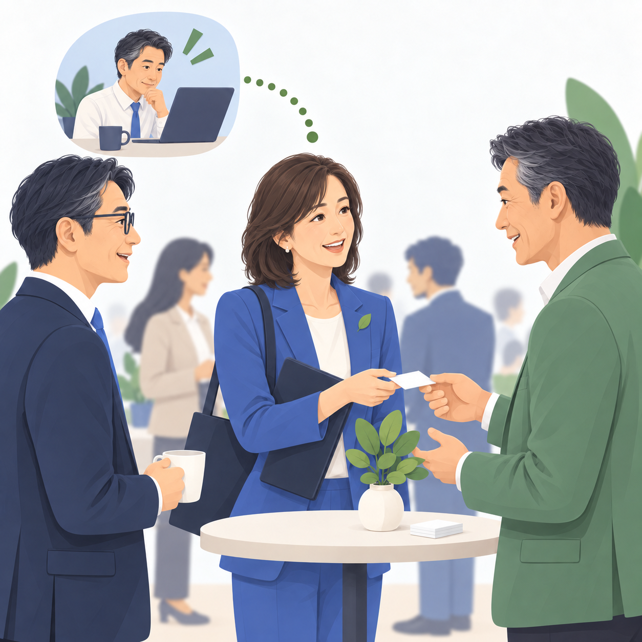 コネクターが経営者に代わって交流会で対話し、離れた場所の依頼者とつながるイラスト