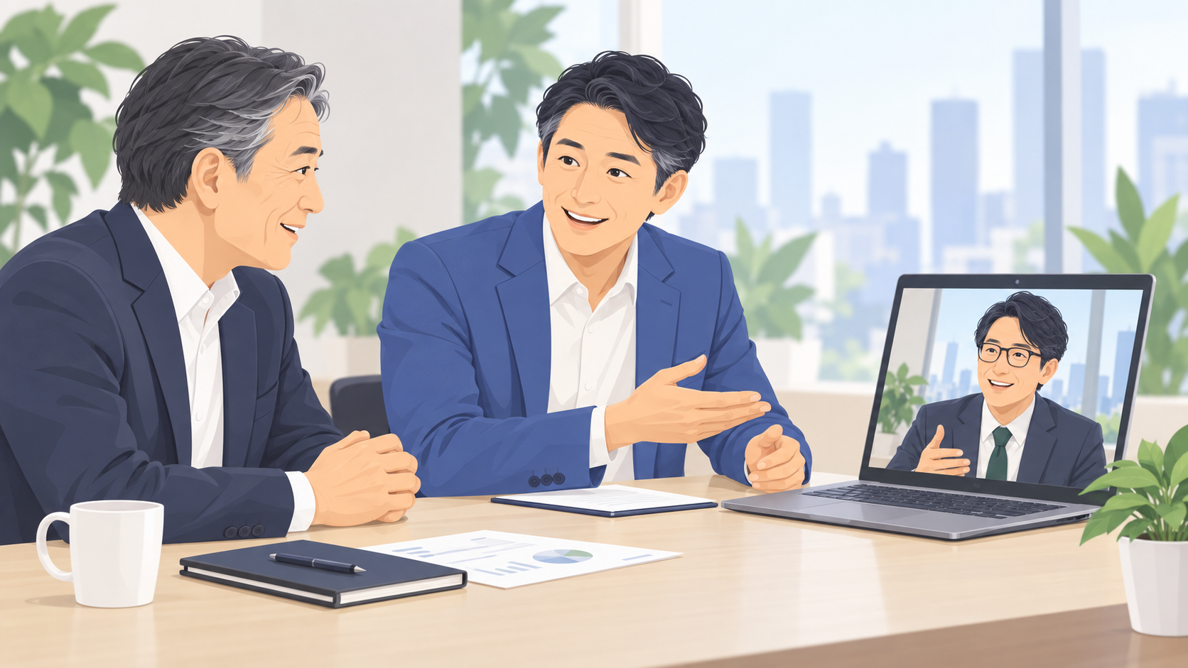 男性コネクターが地方企業と都市部企業のオンラインでの対話を支えるイラスト