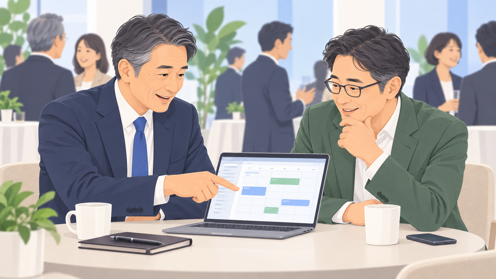 中小企業の社長と女性コネクターが報告書を確認し、お礼、資料送付、面談の優先順位を決めるイメージ
