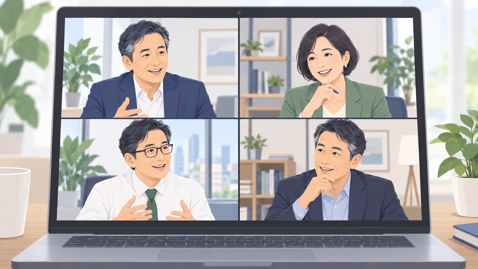 オンライン交流会で経営者同士が対話するイメージイラスト