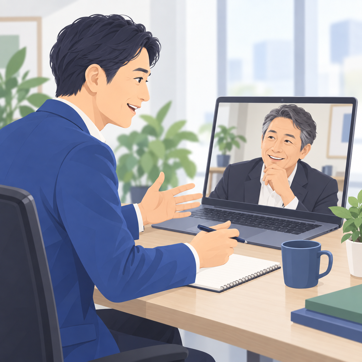 男性コネクターと経営者がオンラインで交流会参加の目的を確認するイラスト