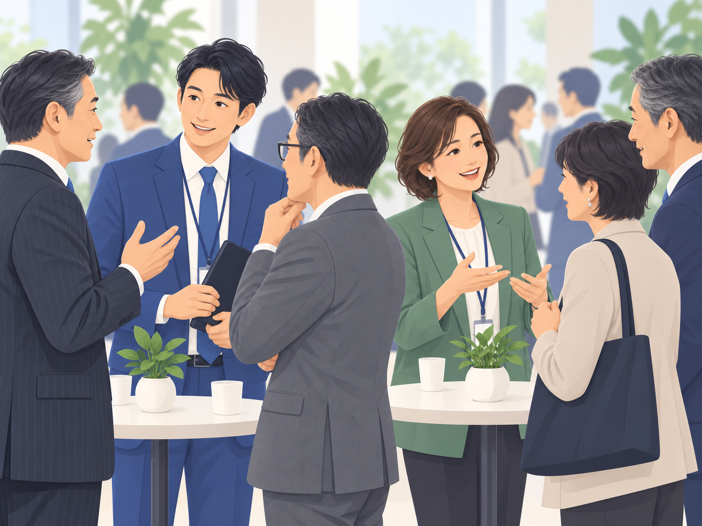 男性と40代女性のコネクターが、それぞれ交流会で経営者の話を聞くイラスト