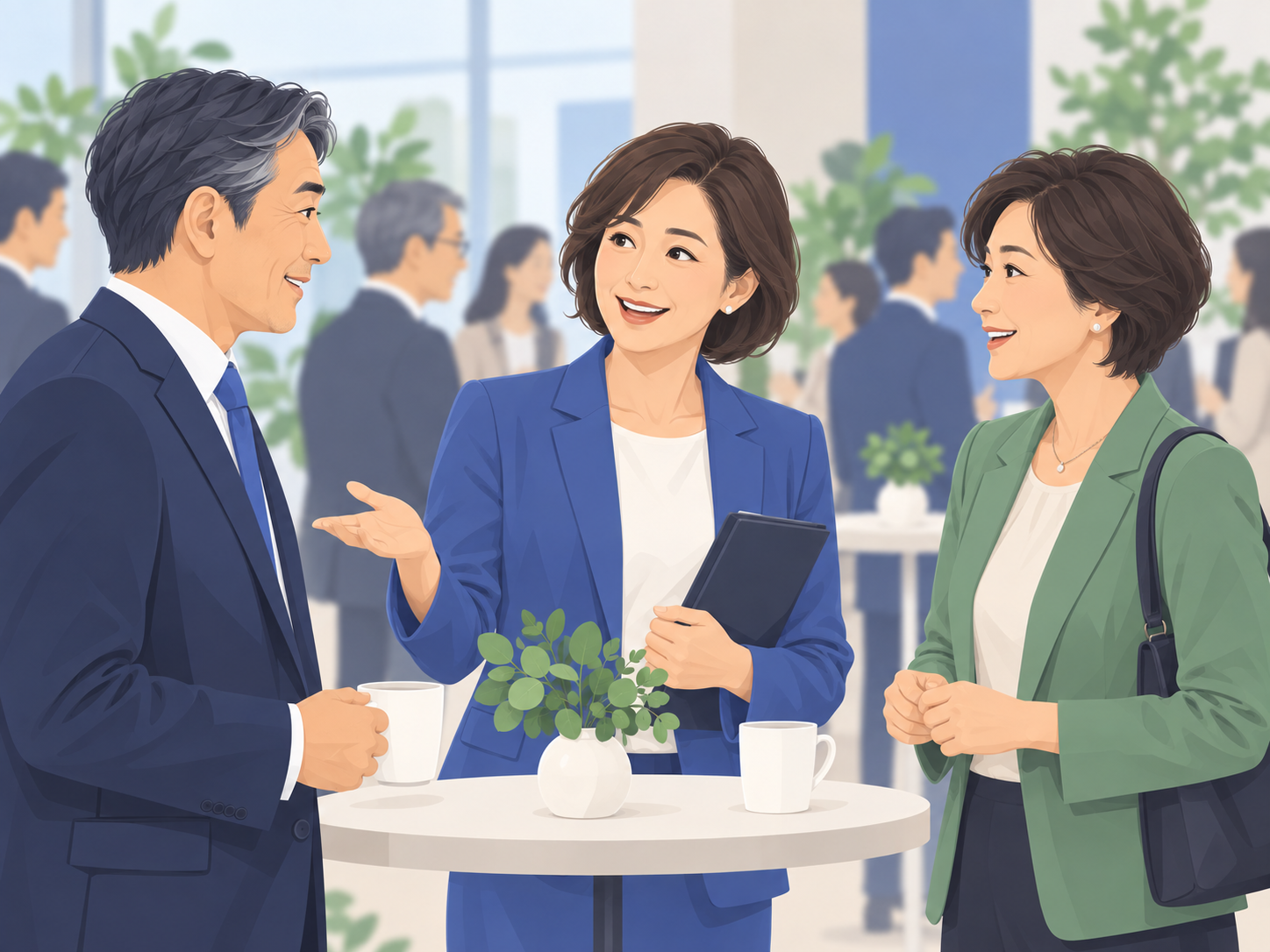 40代女性コネクターが交流会で経営者同士を紹介するイラスト