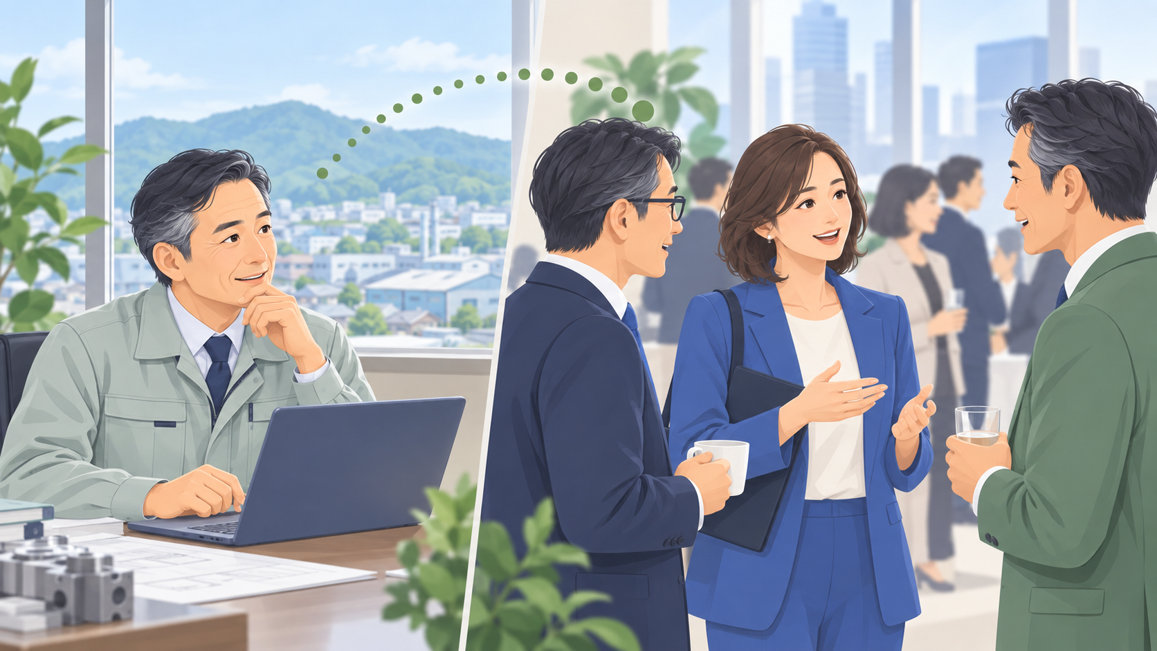 地方企業の経営者と、都市部の交流会で活動する40代女性コネクターのイラスト