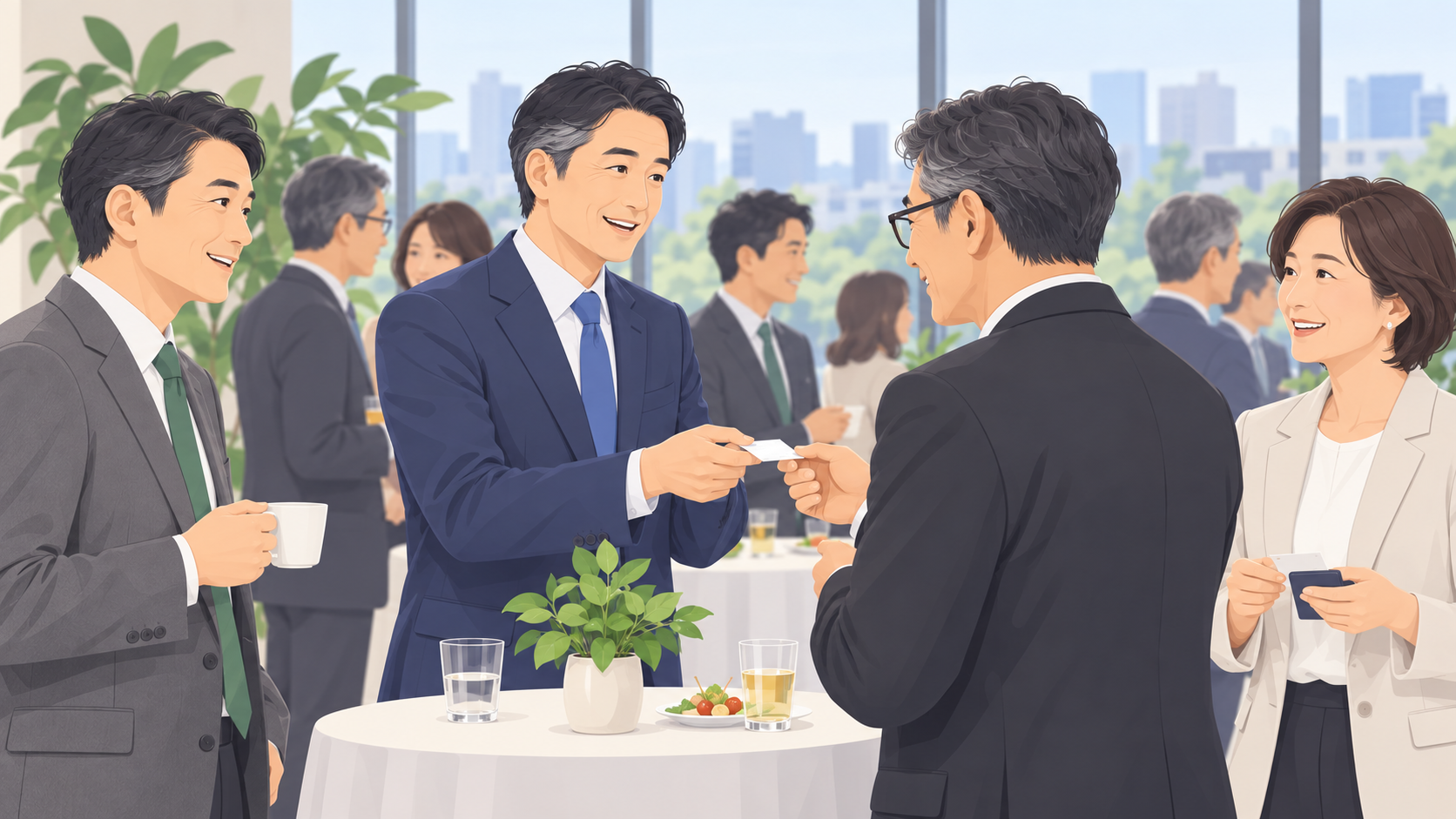 地域の交流会で経営者同士が対話するイメージイラスト
