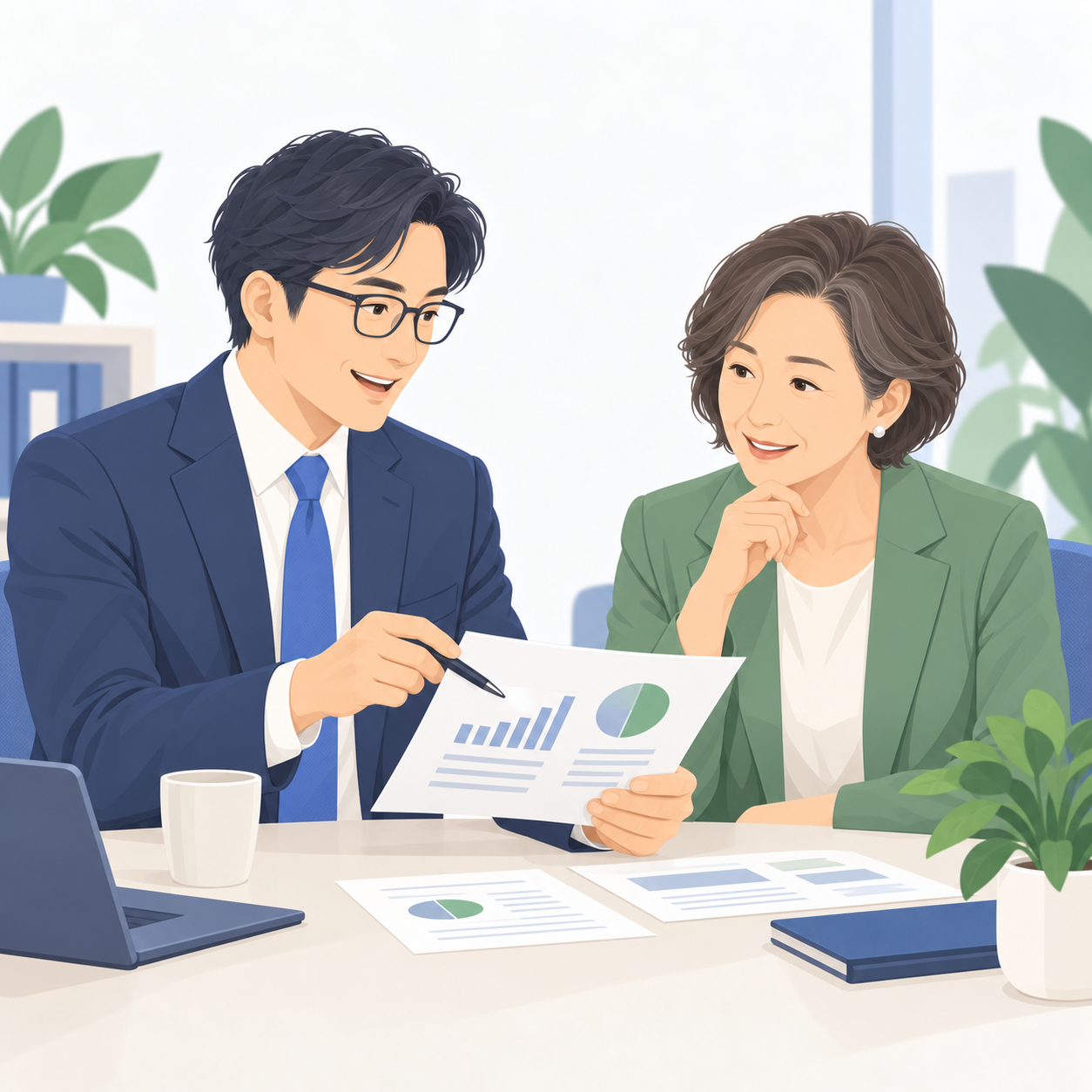 男性コネクターと経営者が活動報告を確認するイラスト