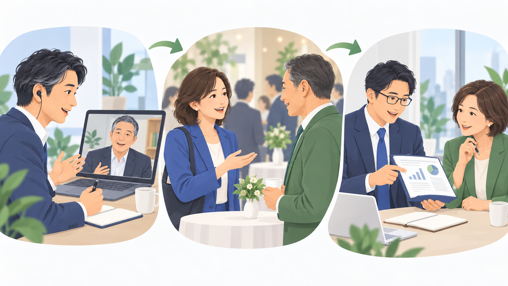 事前相談、交流会への参加、報告の流れを示すイラスト