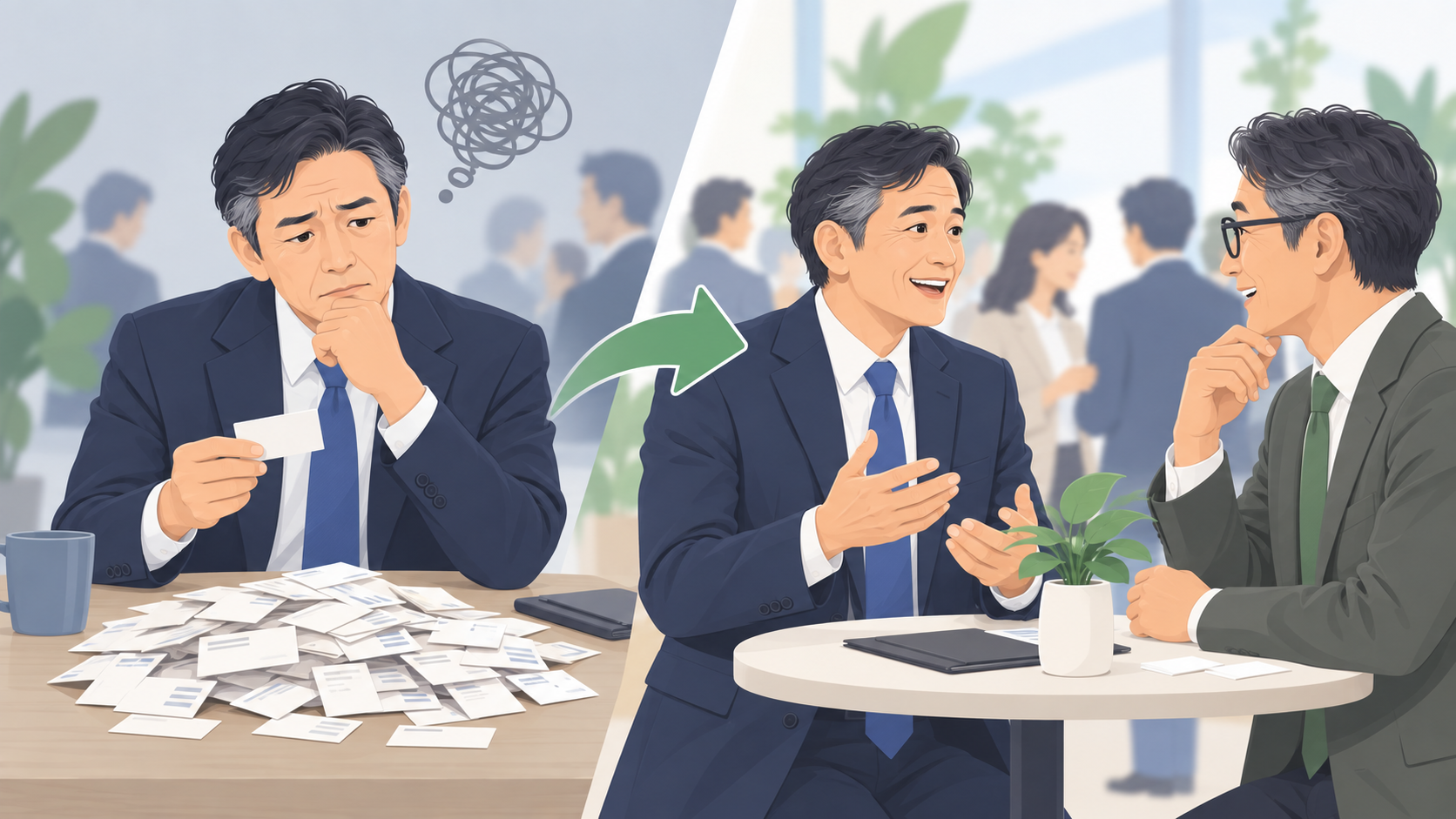 準備なしで名刺だけが増える場合と、女性コネクターの支援で目的に合う相手と会話できる場合の比較イメージ