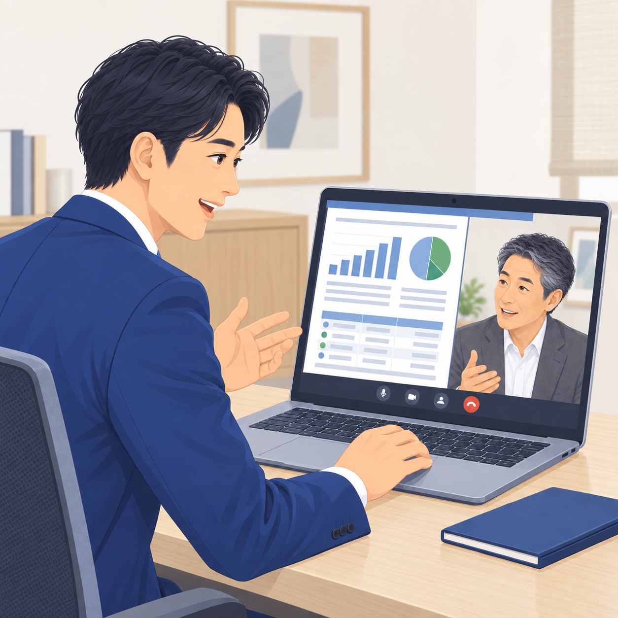 コネクターがクライアントに会話内容と次の行動を報告するイラスト