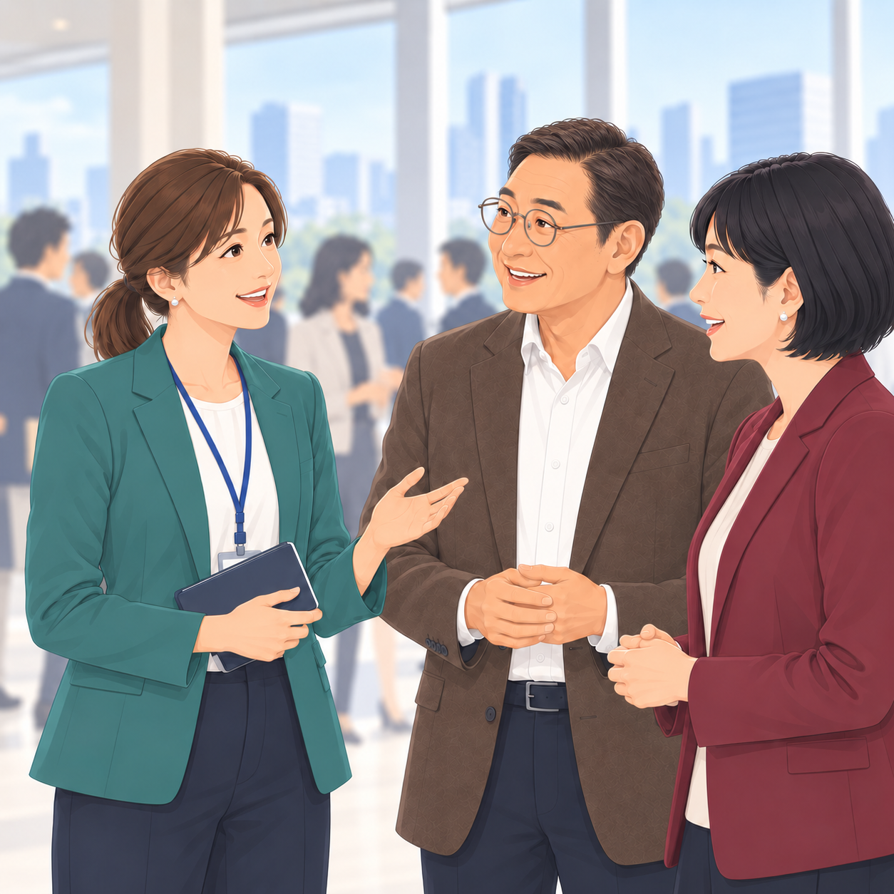 同じ女性コネクターが参加者と交流。依頼者は登場せず、テーブルと飲み物もありません。