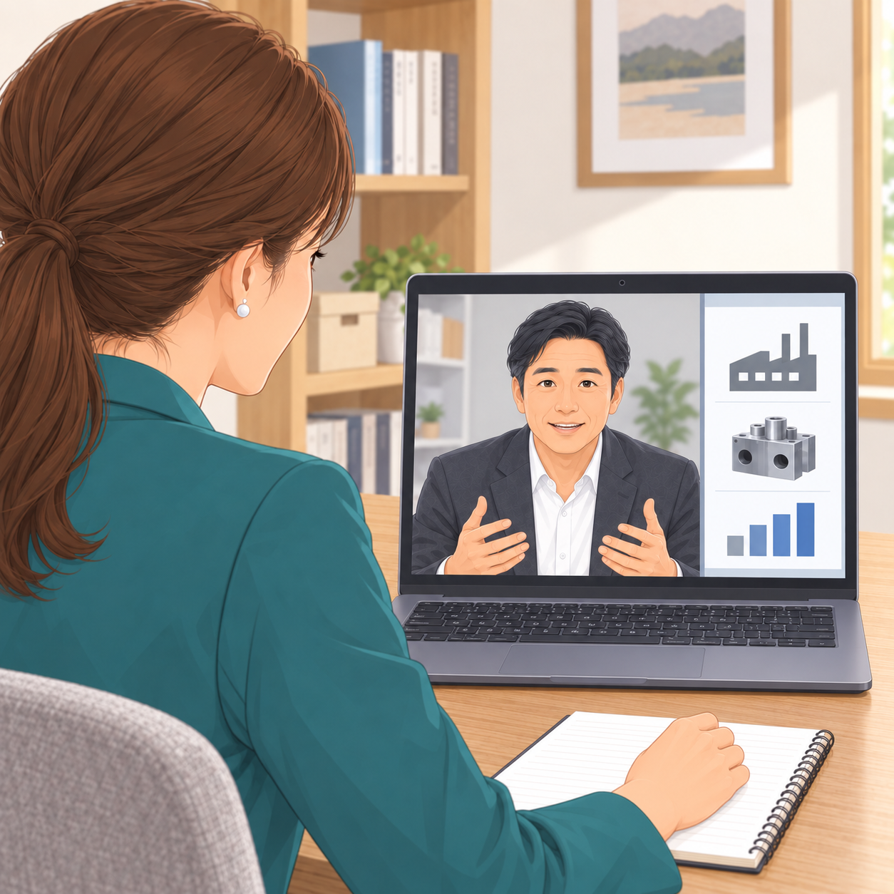 女性コネクターが画面越しに同じ男性経営者の商材と目的を確認します。