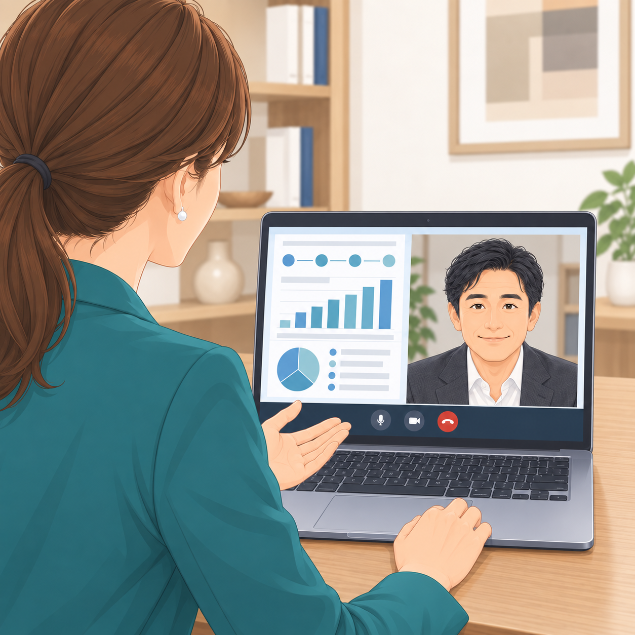 同じ女性コネクターが、同じ男性経営者へ画面でレポートを共有します。