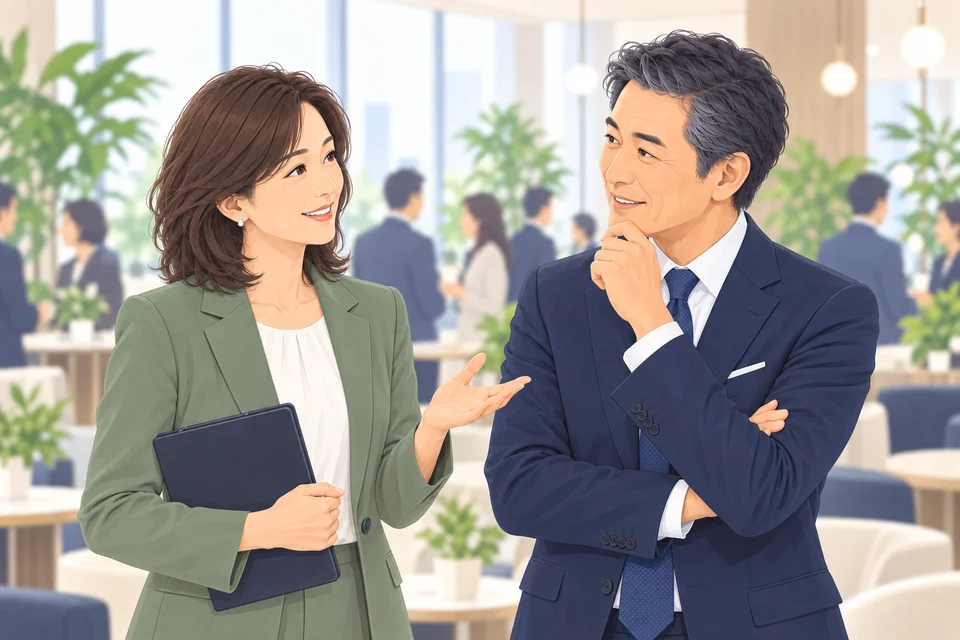 経営者に落ち着いて説明する40代の女性コネクター