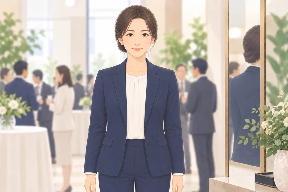 清潔感のある服装で正面を向いて立つ30代の女性コネクター