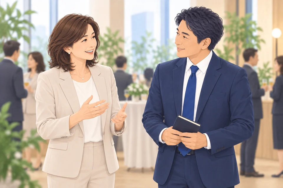 交流会で立って相手の話に耳を傾ける男性コネクター