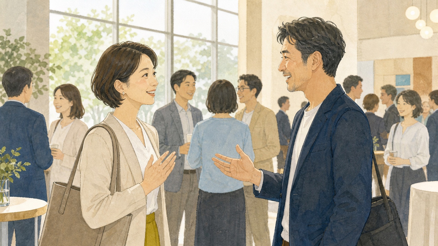 ビジネス交流会で参加者と自然に会話するコネクターのイメージ