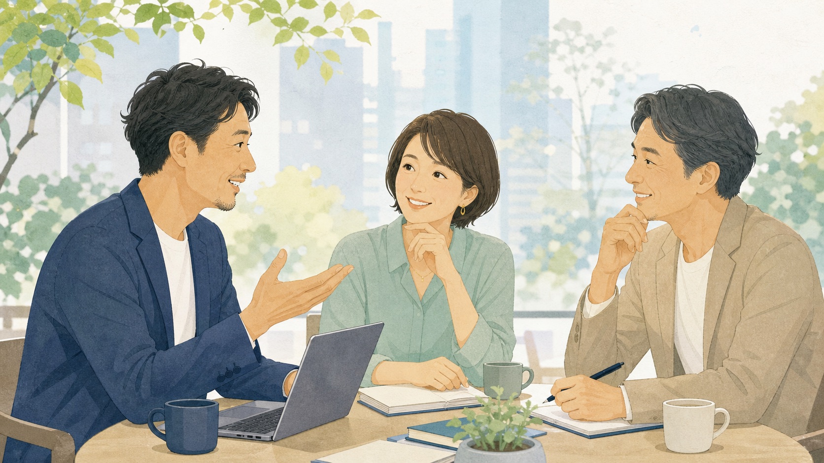 交流会で参加者同士が情報を交換するイメージ