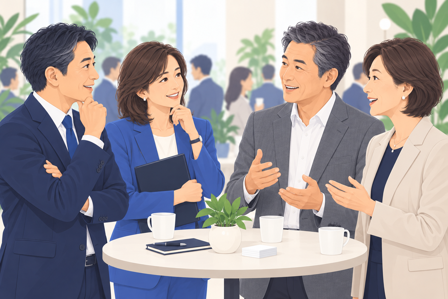 男女のコネクターが交流会で経営者の話を丁寧に聴くイラスト