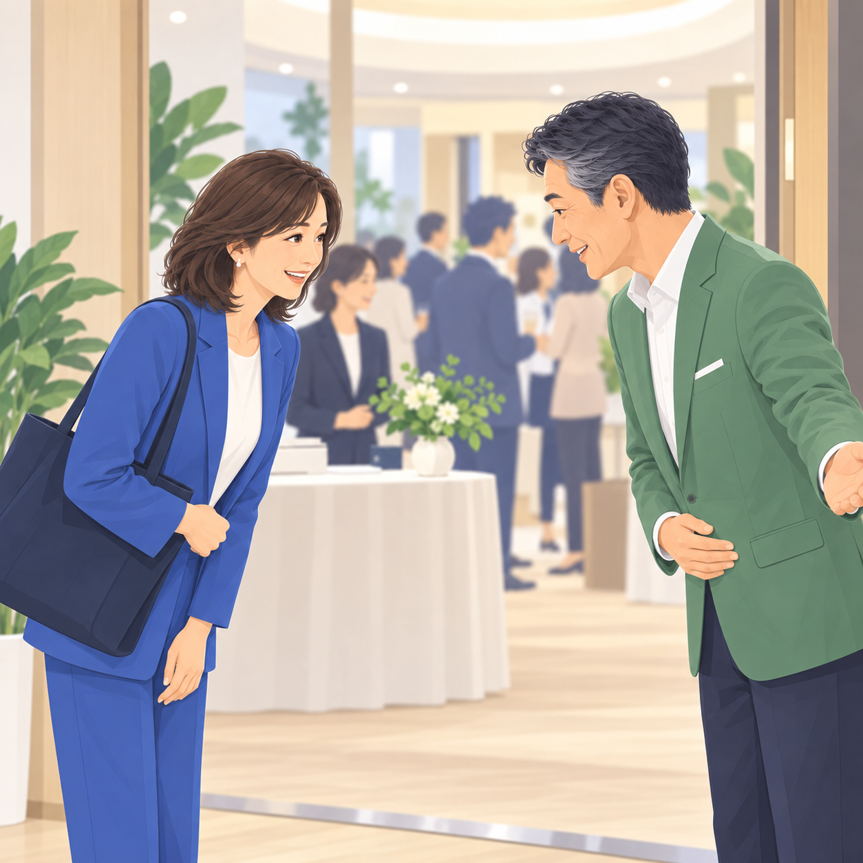 女性コネクターと交流会主催者が会場の入口で丁寧に挨拶するイラスト