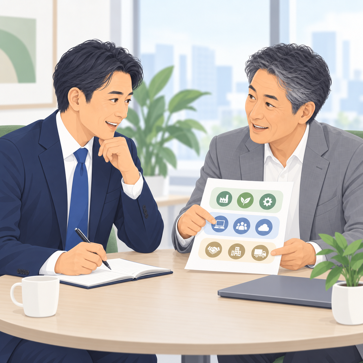 経営者と男性コネクターが、出会いたい業種を事前に確認するイラスト