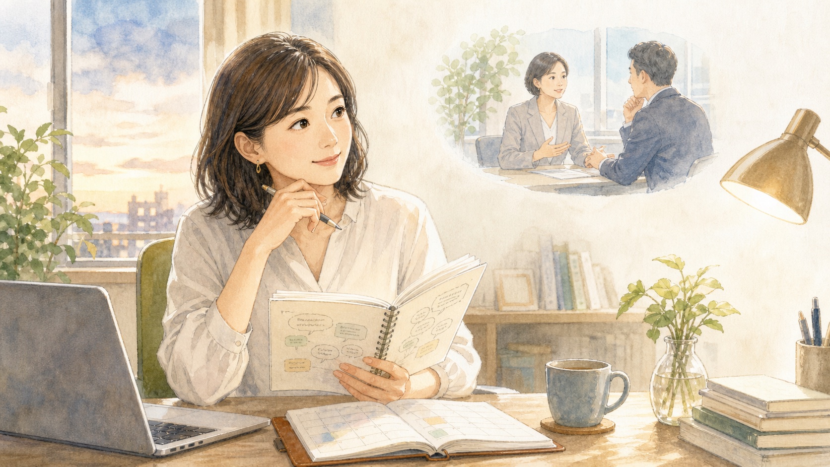 営業や接客で培った対話力を副業・複業に活かす方法を考える女性のイメージ
