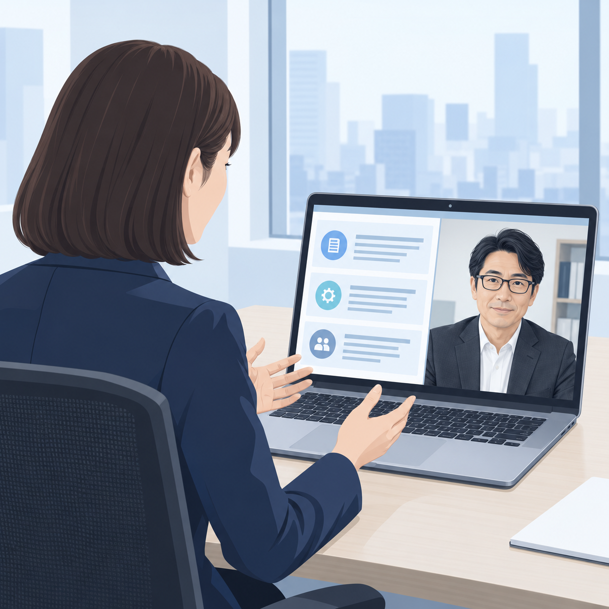 オンラインで会話内容と次の行動を報告するイメージ
