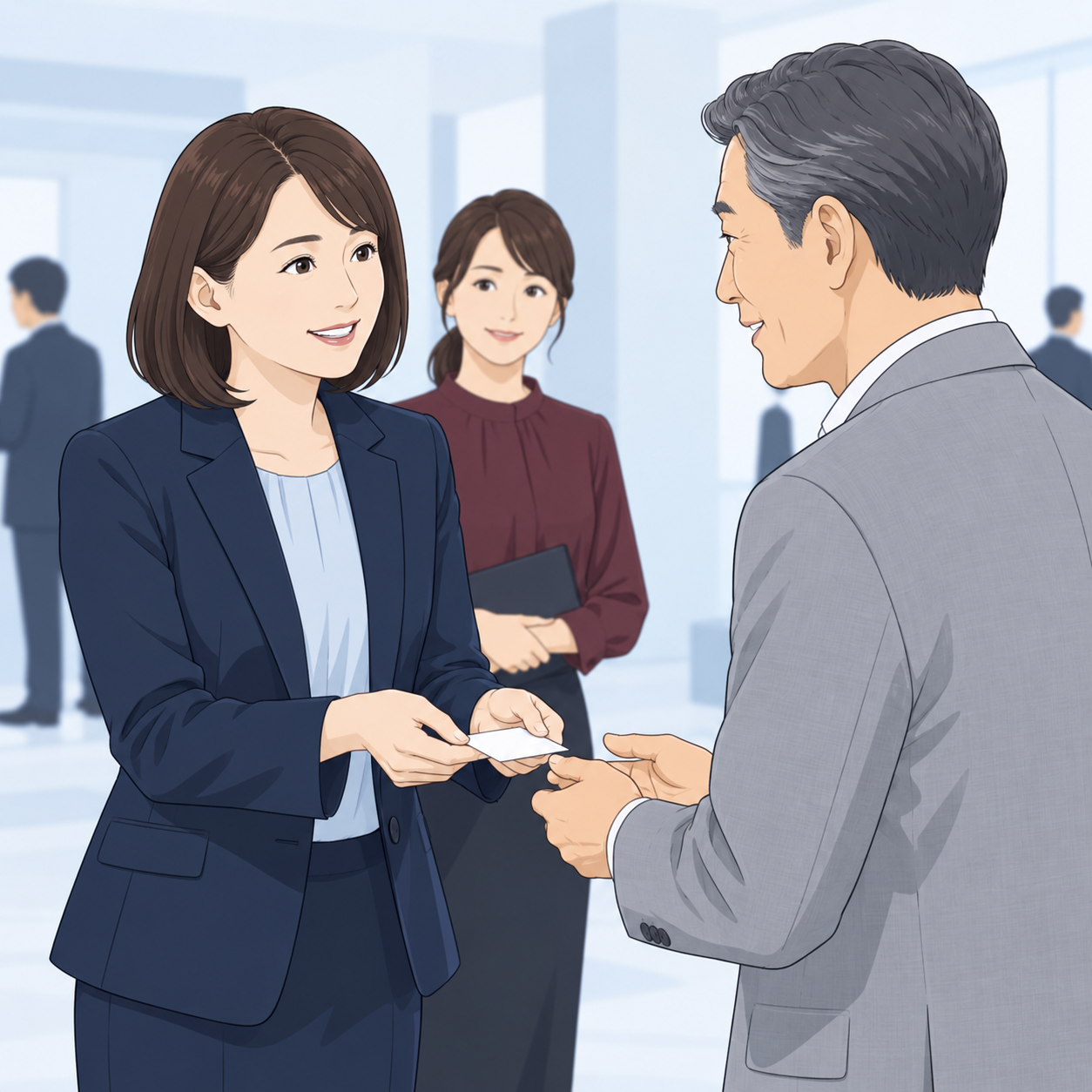 交流会で50代の経営者と名刺交換するイメージ