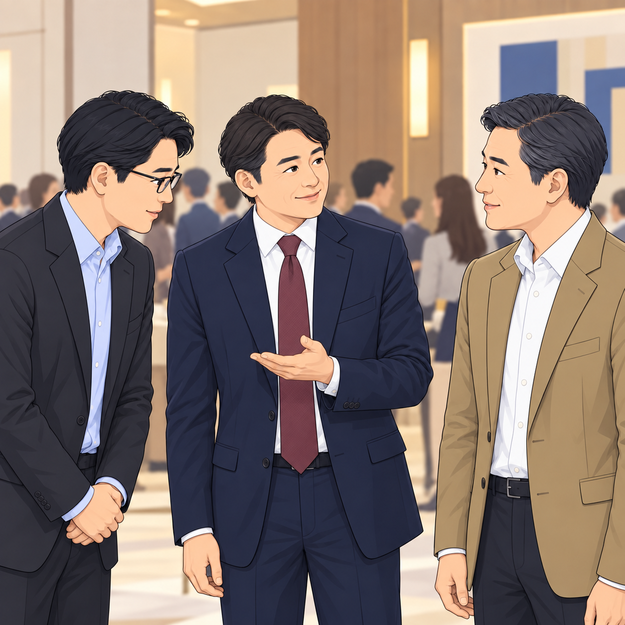 中央の40代男性コネクターが、貴社と相手企業を引き合わせる様子