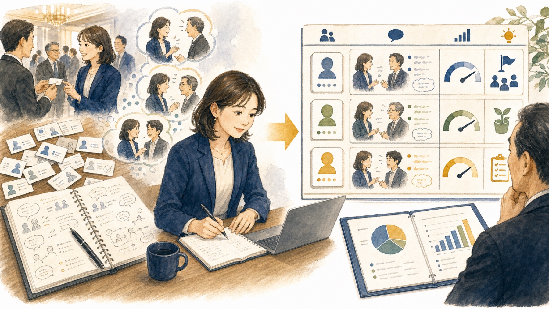 女性コネクターが交流会で得た会話と名刺を整理し、中小企業の社長へ報告するイメージ