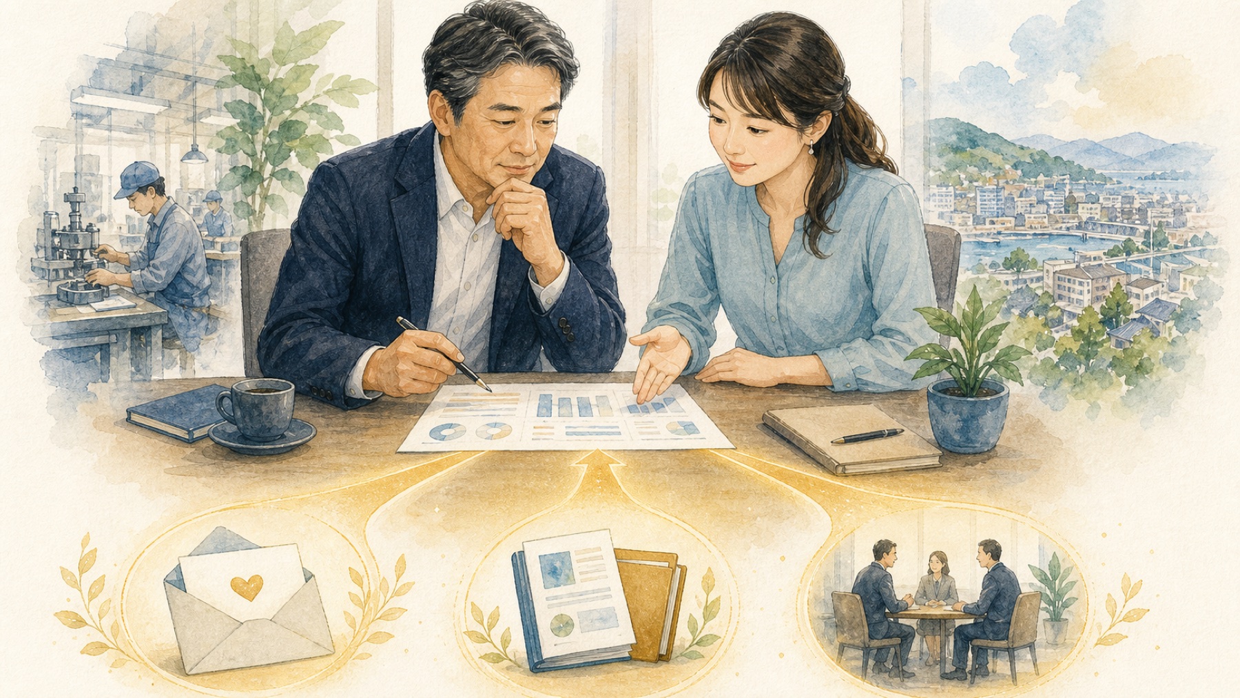 中小企業の社長と女性コネクターが報告書を確認し、お礼、資料送付、面談の優先順位を決めるイメージ