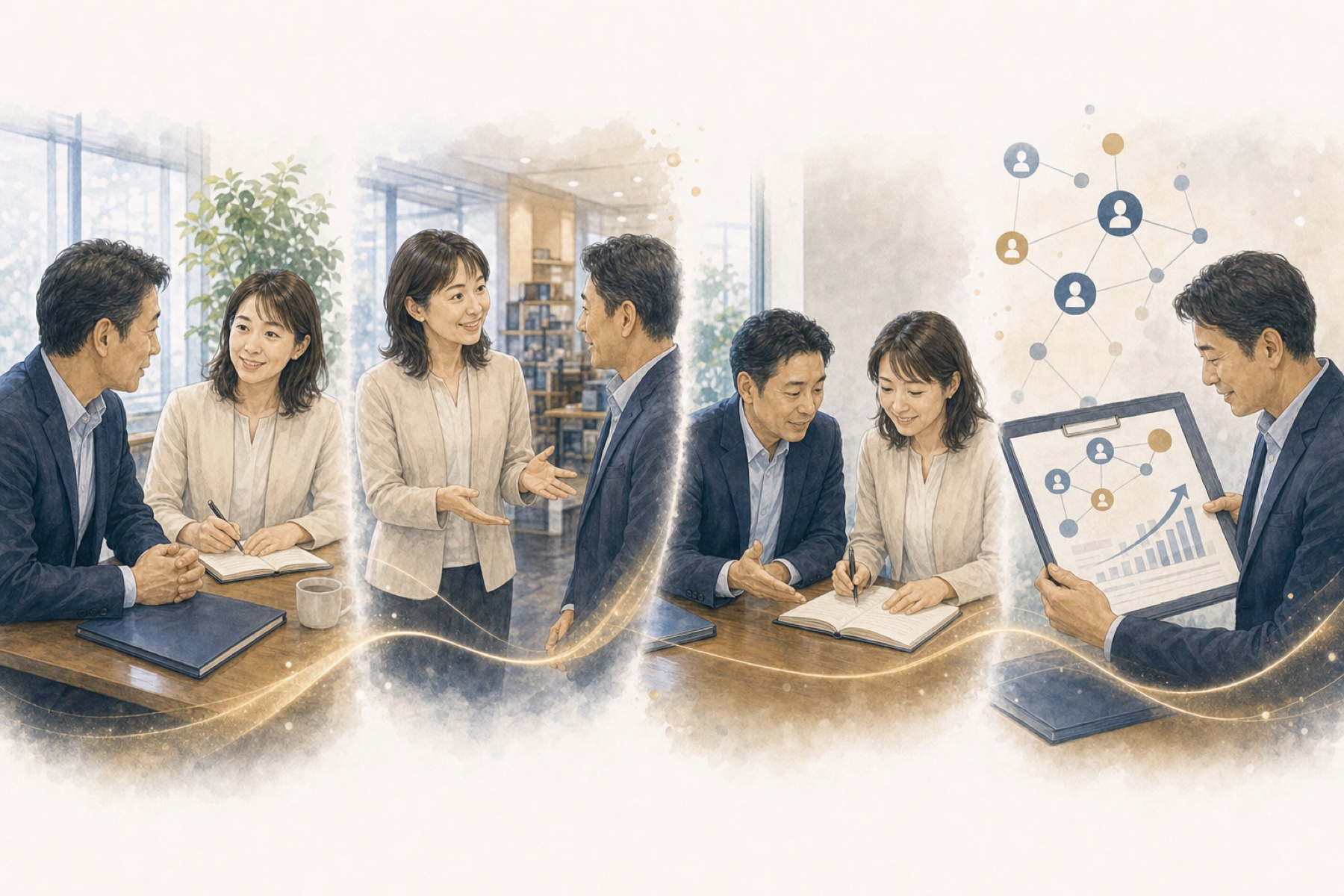 中小企業の経営者に寄り添い、事前面談、交流会での接点づくり、次の行動の調整、報告を行う女性コネクターのイメージ