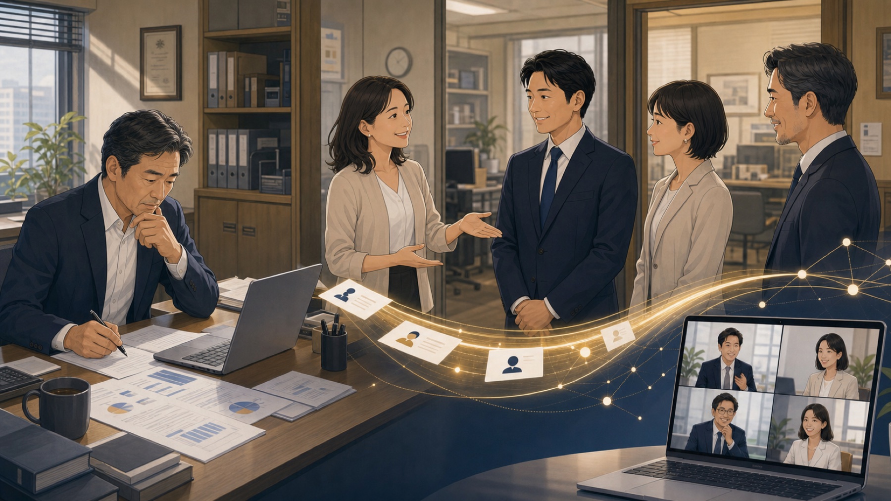 女性の専属コネクターが中小企業の経営者に代わり、交流会で接点をつくり、次の面談へつなぐイメージ