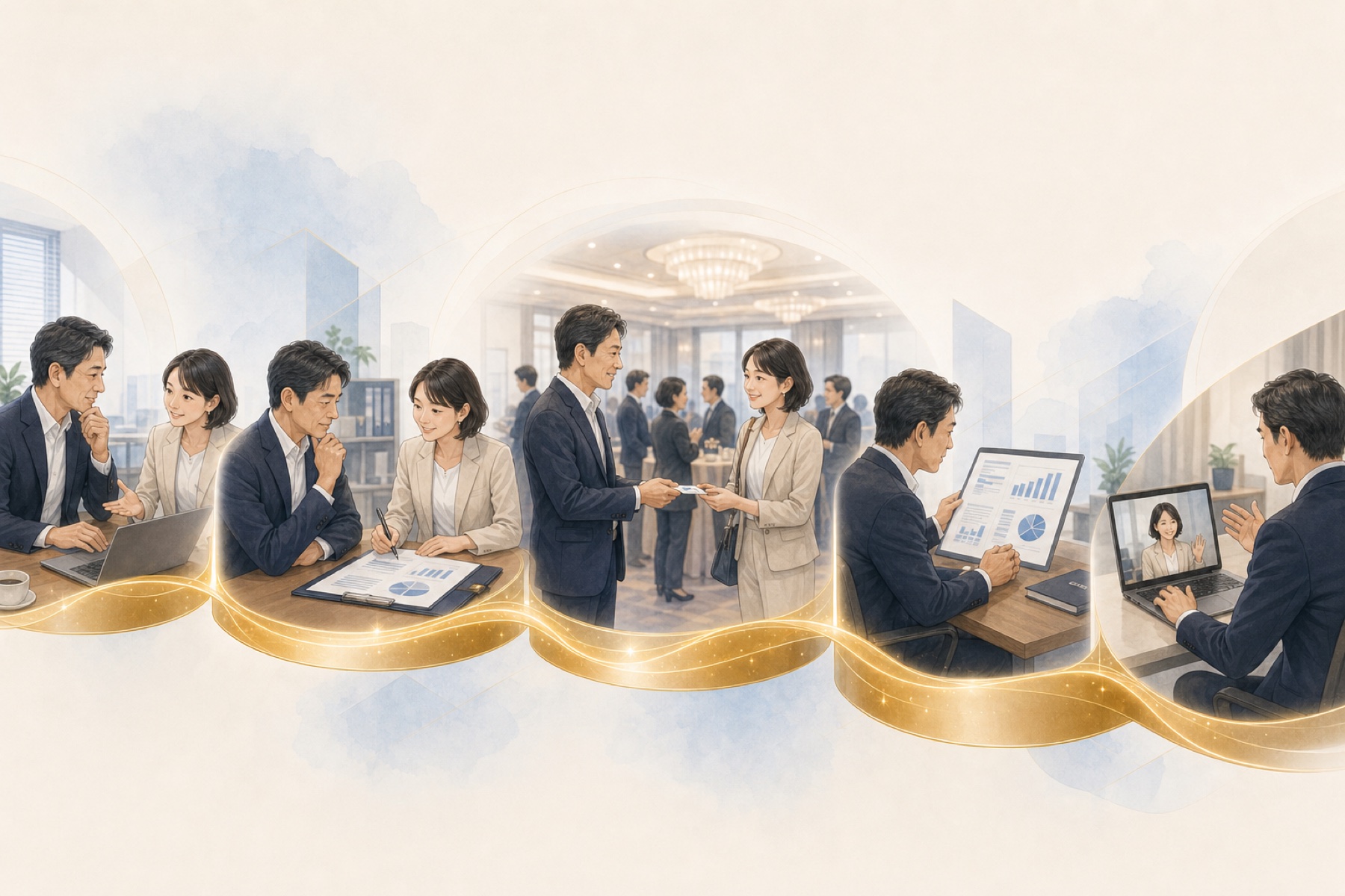 女性コネクターが中小企業の経営者と相談し、準備、交流会参加、報告、次の面談へと進む流れのイメージ