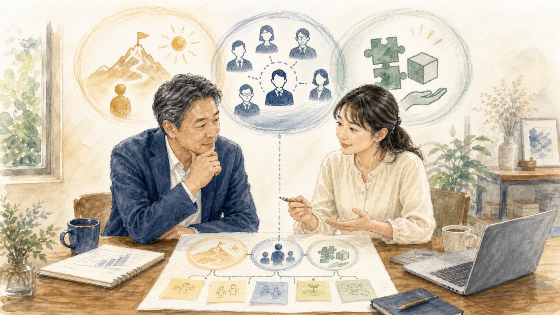 中小企業の社長と女性コネクターが参加目的、会いたい相手、提供価値を整理するイメージ