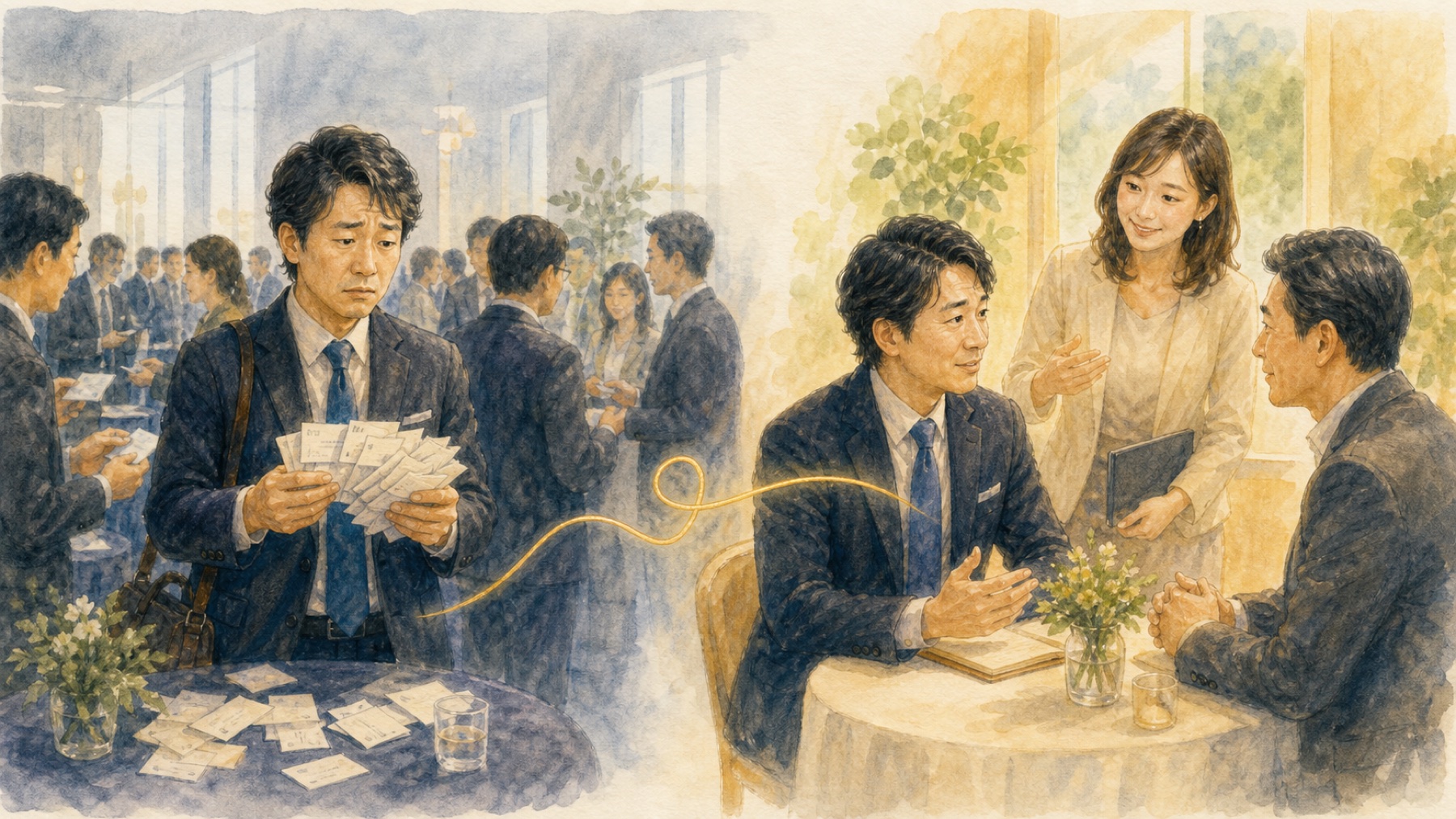 準備なしで名刺だけが増える場合と、女性コネクターの支援で目的に合う相手と会話できる場合の比較イメージ