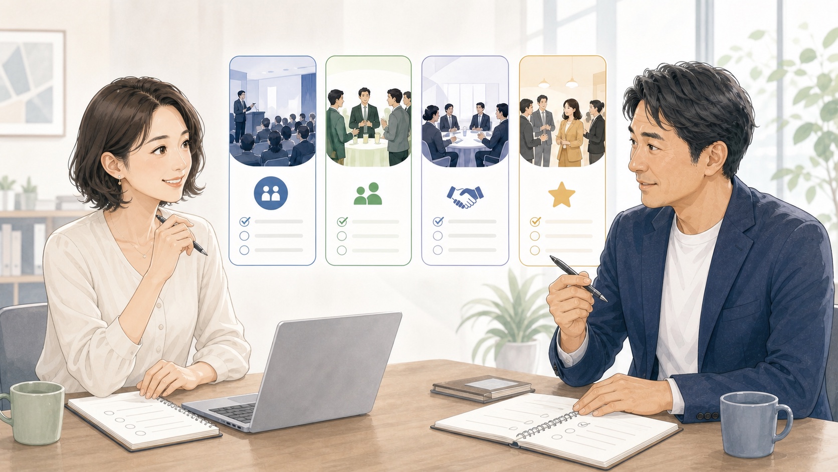 企業経営者とフリーランスの方が、それぞれの目的に合わせて交流会を比較するイメージ