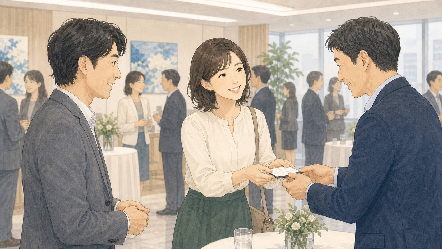 交流会に参加した企業経営者とフリーランスの方が名刺交換するイメージ