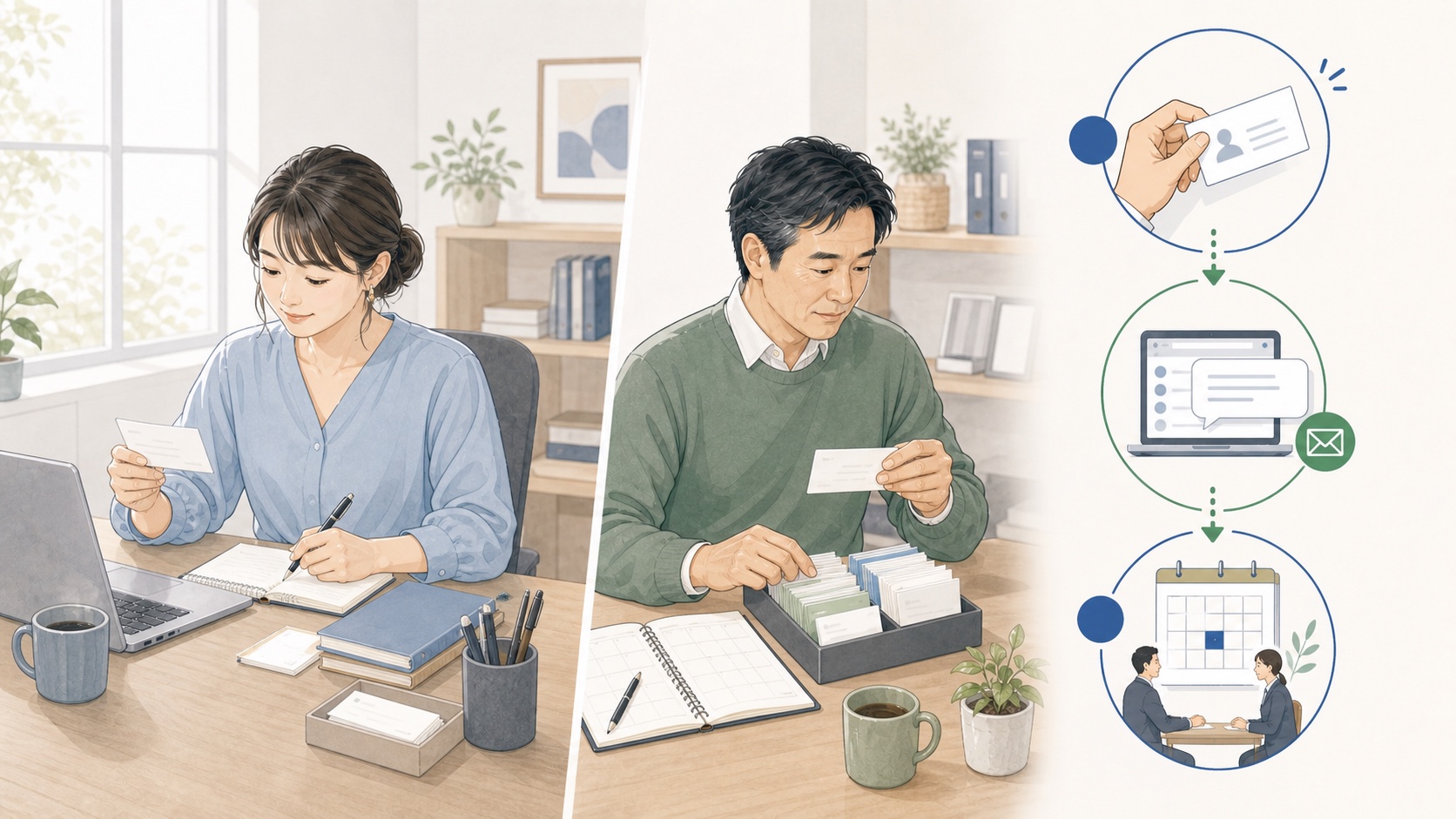 企業経営者とフリーランスの方が、それぞれ交流会後の名刺と会話内容を整理するイメージ