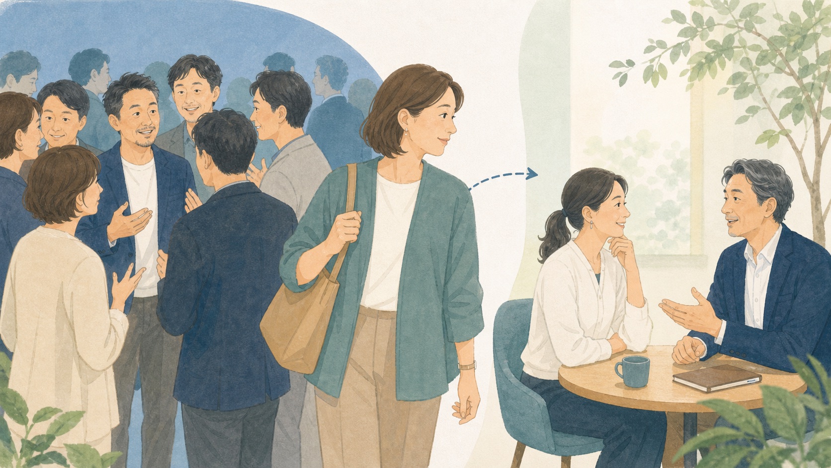ビジネス交流会でよくある失敗と、参加前に知っておきたいマナーを実践する交流会参加者のイメージ