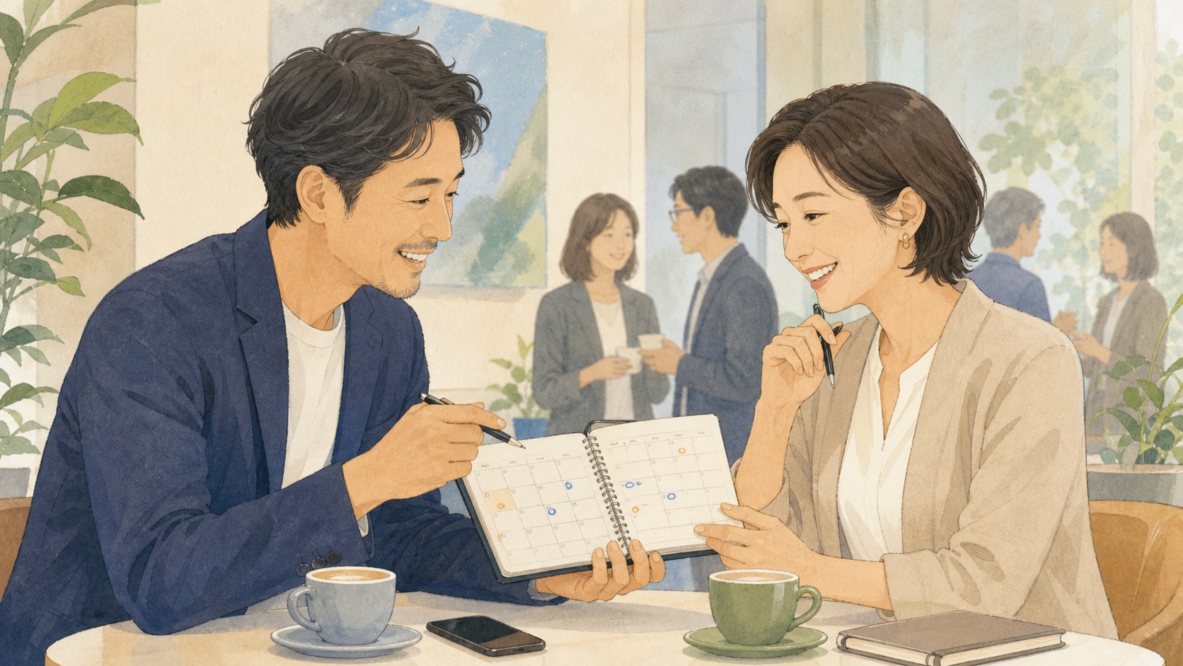 交流会で出会った人と関係を深める「次の約束」の作り方について考える交流会参加者のイメージ