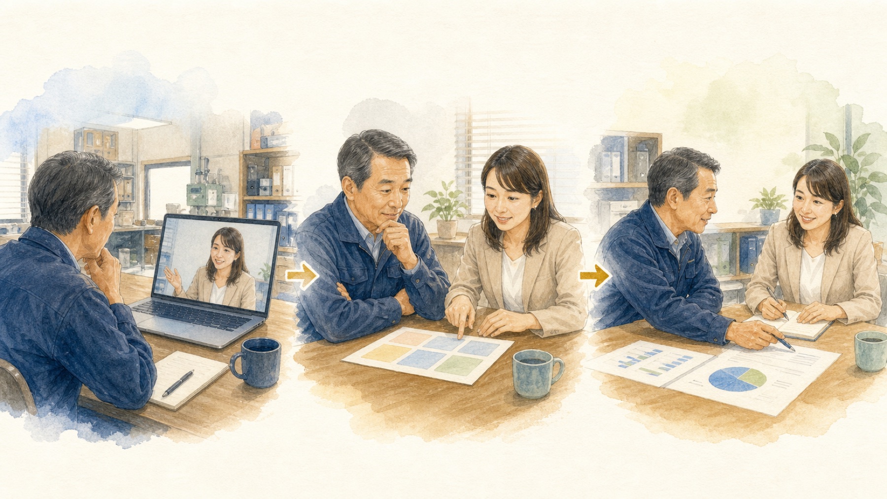 中小企業の社長と女性コネクターがオンライン相談から目的整理、参加準備へ進むイメージ