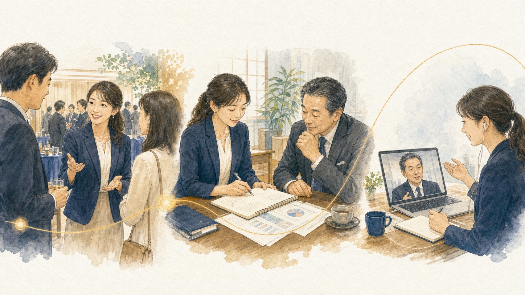 女性コネクターが交流会で接点をつくり、社長への報告とオンラインフォローへつなぐイメージ