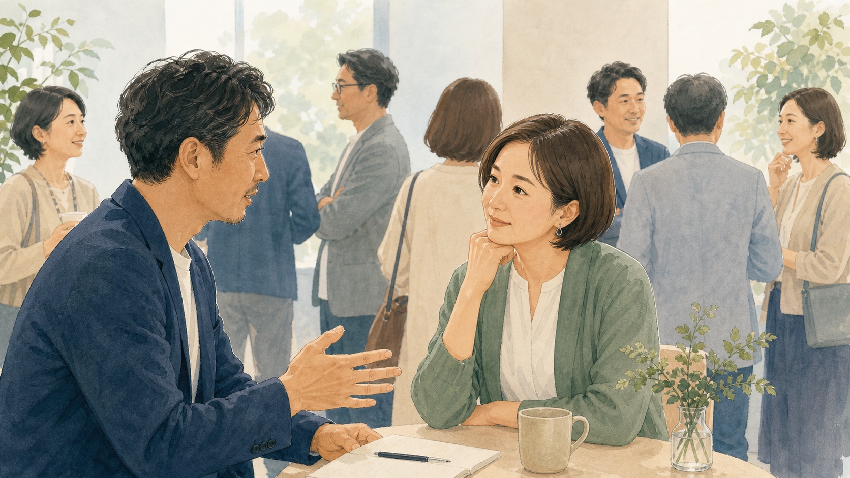売り込みと思われないために｜交流会で信頼を築く会話術について考える交流会参加者のイメージ