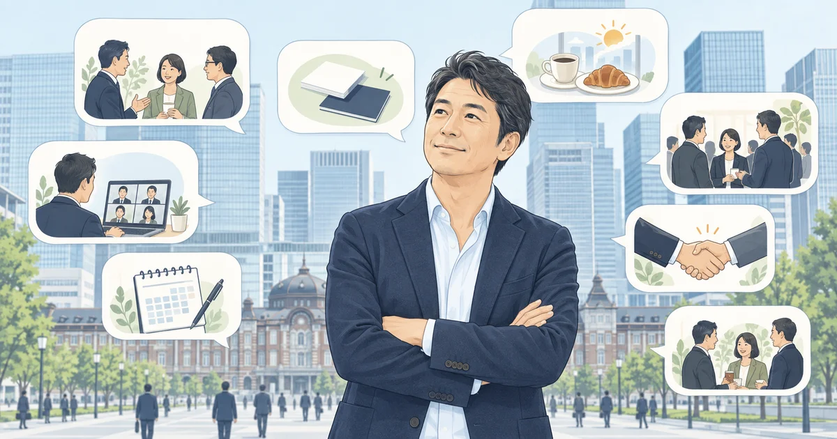 東京の街を背景に、さまざまな交流会の候補を考える経営者のイラスト