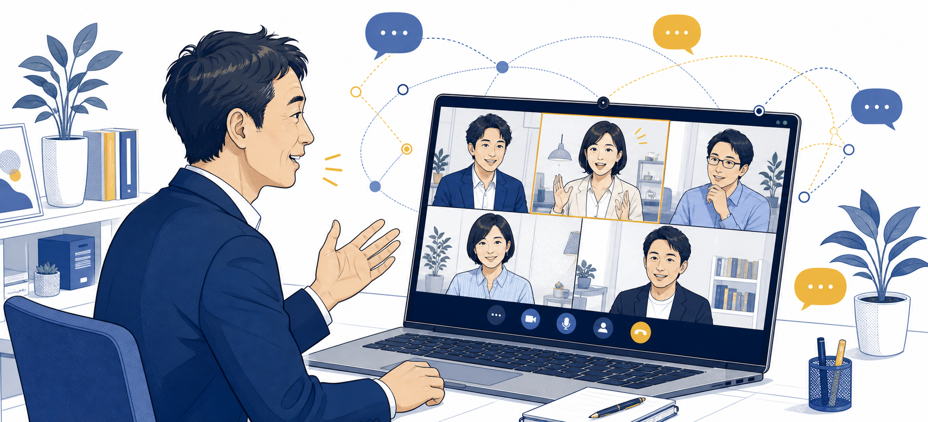 中小企業経営者がパソコンから複数の参加者と会話するオンラインビジネス交流会