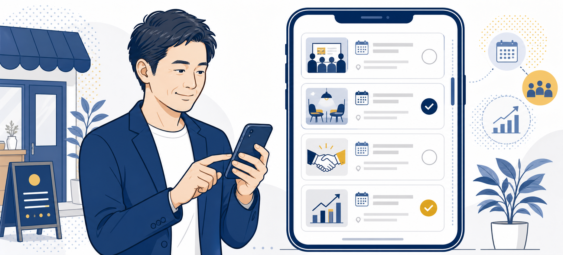 中小企業経営者がスマートフォンでビジネス交流会の一覧を検索し比較する